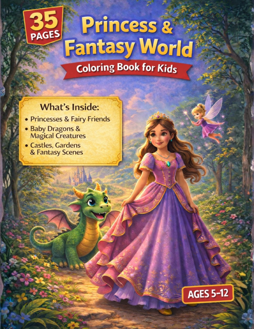 Princess & Fantasy World Coloring Book – 35 Pages (Print-Ready PDF)