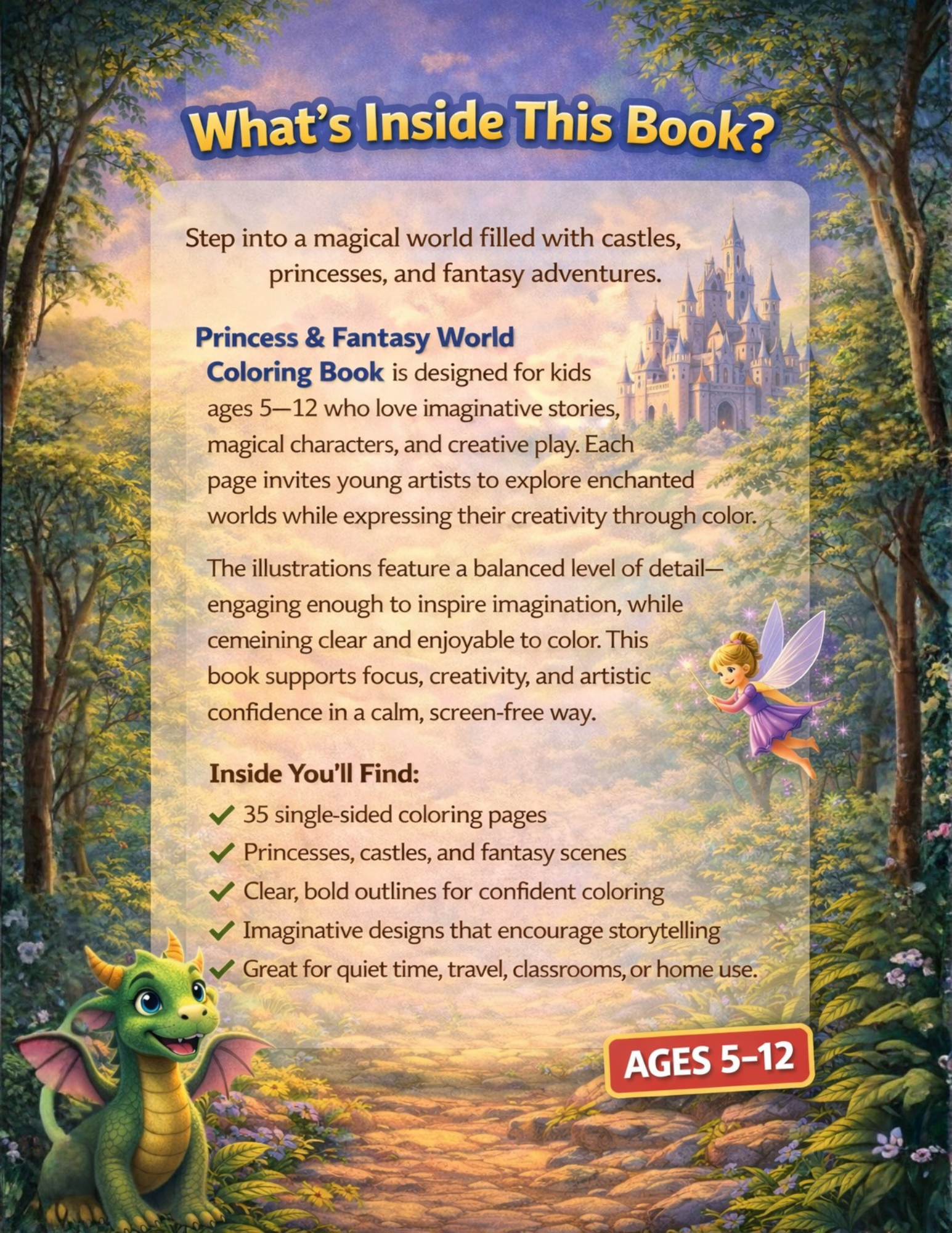 Princess & Fantasy World Coloring Book – 35 Pages (Print-Ready PDF)